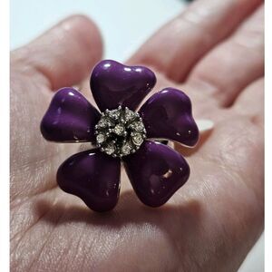 Silver Tone Purple Enamel Flower Ring Size 9 Clear Rhinestone Accents